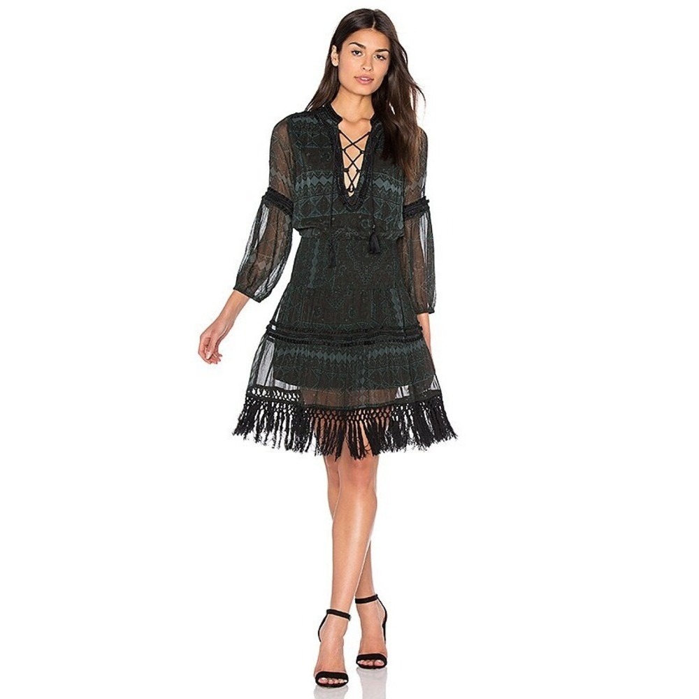 Boemo Womens Geometric Lace Up Fringe Boho Mini Dress Smocked Size XS‎ Witchy